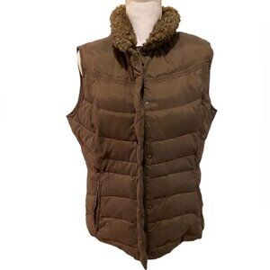 Eddie Bauer Women’s Goose Down Puffer Vest Size Large Brown Faux Fur Collar